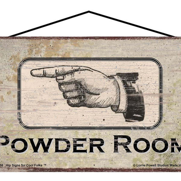 POWDER ROOM Sign Pointing to the LEFT - Vintage Style Home Decor - Hand and Finger Arrow Pointer Directional to the Women's Ladies Bathroom