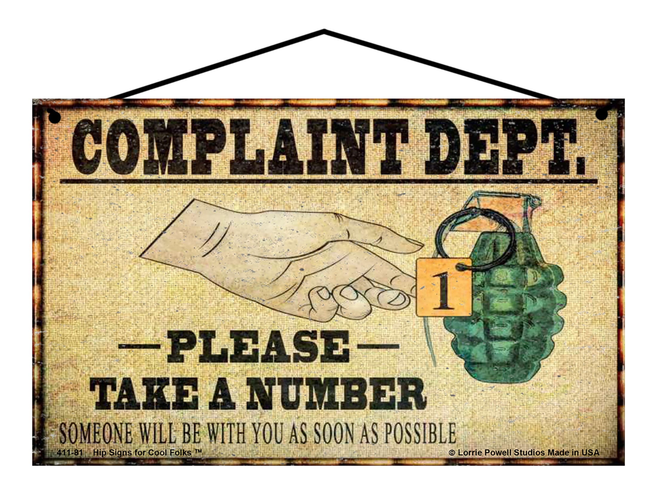 Complaint Department Sign Please Take A Number - Funny Office Business Family Home Decor - Grenade Pin Pull Image - Customer Service Sign