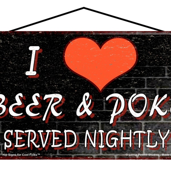 I Love Beer and Poke Served Nightly Sign - Black Bricks - Hawaii Hawaiian Food Themed Home Decor Wall Art for Tiki Bar, Restaurant, Kitchen