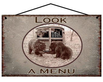 Bear Themed Sign - Look A Menu - Funny Vintage Style Home Decor - Two Bears Checking Out A Classic Camper Vehicle with Stick People Family