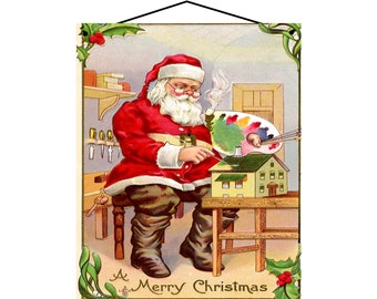 Santa's Workshop A Merry Christmas Sign - Festive Classic Santa Claus Painting a Doll House - Holiday Home Decor, Hanging Sign