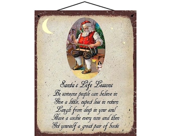 Santa's Life Lessons Christmas Themed Sign - Inspirational Festive Holiday Hanging Home Decor, Vintage Style Santa Claus in his Workshop