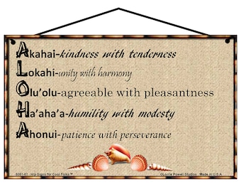 Aloha Definition Sign - Akahai Lokahi Olu'olu Ha'aha'a Ahonui - Hawaii Hawaiian Themed Home Decor Wall Art Inspirational Motivational