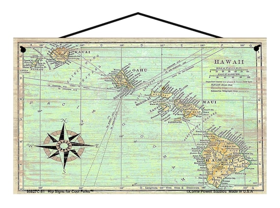 Sign Featuring a Vintage Map of the State of Hawaii - With