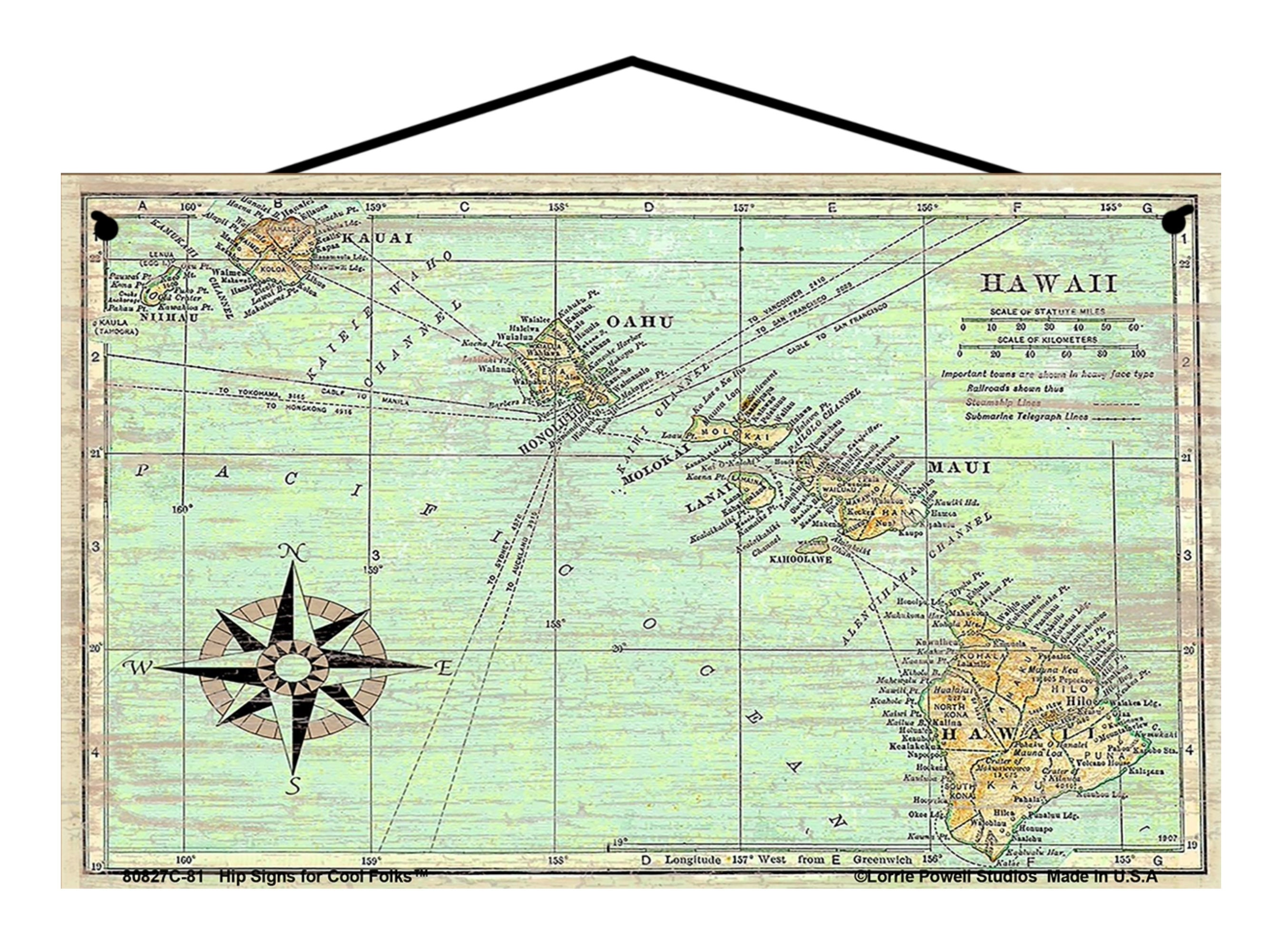 Sign Featuring a Vintage Map of the State of Hawaii - With