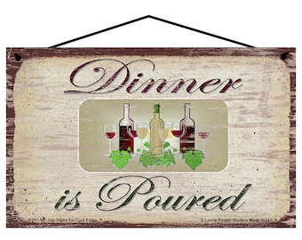 Wine Quote Sign - Winner Is Poured - Vintage Style Funny Kitchen Wall Art for a Wine Bar Home Decor Gift - Image of 3 Bottles and Glasses