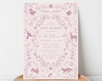 May include: A pink baby shower invitation with a floral border and woodland animal illustrations. The invitation reads "Please join us for a baby shower honoring Sarah Johnson" and includes the date, time, location, and RSVP information.