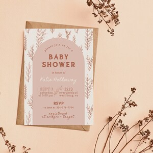 Boho Arch Baby Shower Invitation Customizable Template Floral Baby Shower Invite Neutral Rust Pink Invite Simple Editable Template
