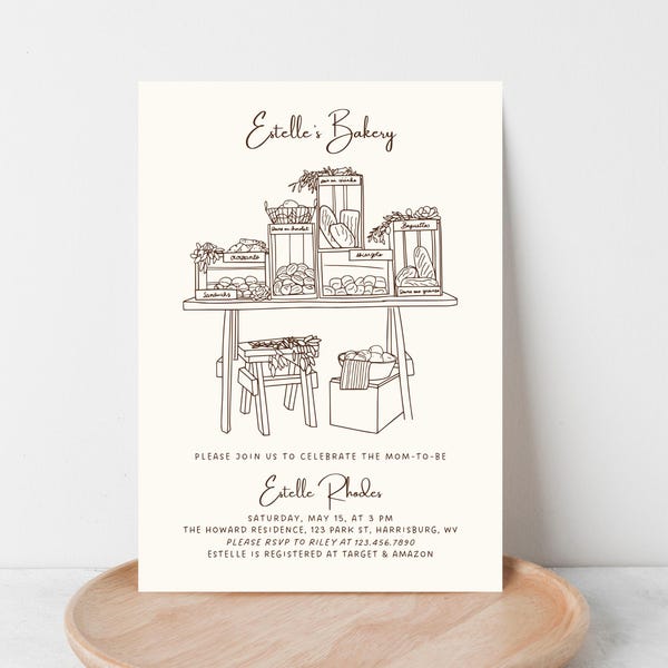 Bakery Themed Baby Shower Invitation Customizable Template, Cute Brown Sourdough & Pastries Bake Stand Invite, Editable Template