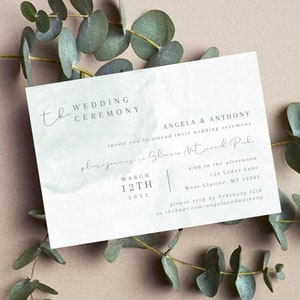 Green Watercolor Wedding Ceremony Invite Editable Template, Detail Card Smaller Size, Private Ceremony Destination Outdoor Wedding Printable