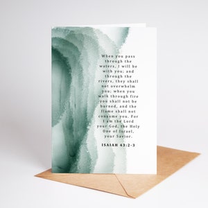 Carte pliée imprimable Lorsque vous passez à travers les eaux, verset biblique d'Isaïe 43:2-3 aquarelle, carte de sympathie, impression à la maison téléchargement immédiat