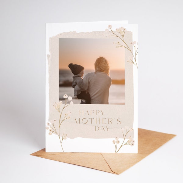 Happy Mother's Day Printable Photo Folded Greeting Card Editable Template, Personal Photo, Neutral Floral Flower Card for Mom, Print at Home