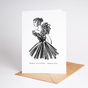 Feliz aniversário, lindo cartão de felicitações para impressão, cartão de aniversário vintage feminino preto e branco, cartão dobrado 5x7, impressão em casa, download instantâneo