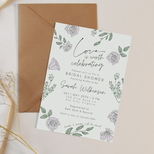 Love Is Worth Celebrating Bridal Shower Invitation Template, Sage Green Floral Invite, Spring and Summer Flowers, Editable Printable Card