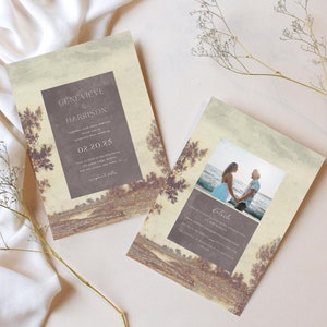 Rustic Wedding Invitation Editable Template with Details on Back, Beautiful Simple Photo Invite, Nature Trees Wedding Double-Sided Printable