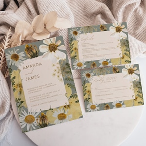 Boho Pressed Flowers Wedding Invitation Suite Editable Template, Garden Outdoor Wildflower Wedding Invite, Green and White Flowers Printable
