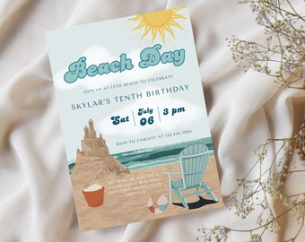 Beach Day Sandcastle Contest Birthday Party Invitation Template, Seaside Adult or Kids Birthday Editable Invite Any Age, Printable Invite