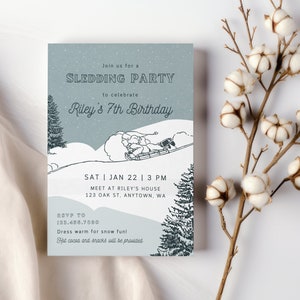 Sledding Birthday Party Invitation Template, Winter Snow Birthday Editable Invite Any Age Party, Printable Photo Invite, Instant Download