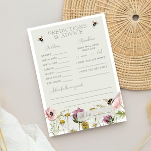 Predictions & Advice Mommy to Bee Baby Shower Game Card Editable Template, Garden Wildflower Honey Bee Baby Shower Simple Printable Template