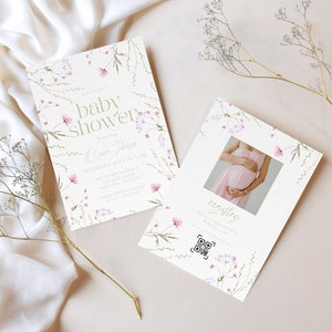 Könnte beinhalten: Eine florale Babyparty-Einladung in rosa und weiß. Die Einladung hat einen floralen Rand und ein Foto der werdenden Mutter. Der Text auf der Einladung lautet "baby shower" und "honoring Olivia Johnson".