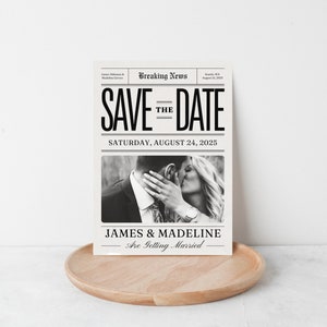 Newspaper Save the Date Wedding Editable Digital Template with Photo, Breaking News Nostalgic Black & White Fun Save the Date Printable Card