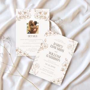 Brown Floral Wedding Invitation Editable Template, Details on Back, Simple Modern Photo Invite, Line Art Flowers, Double-Sided Printable