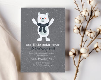 Our Little Polar Bear Birthday Party Invitation Template, Winter Snow Kids Birthday Editable Printable Photo Back Invite, Instant Download