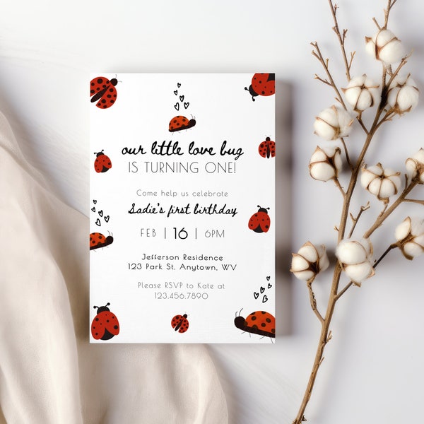 Our Little Love Bug Valentine's Birthday Party Invitation Template, Photo on Back, Lady Bug Girl Birthday Party Editable Printable, Any Age