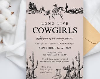 Long Live Cowgirls Birthday Party Invitation Template, Line Dancing Wild West Horse Girl Birthday Any Age, Simple Editable Printable Invite