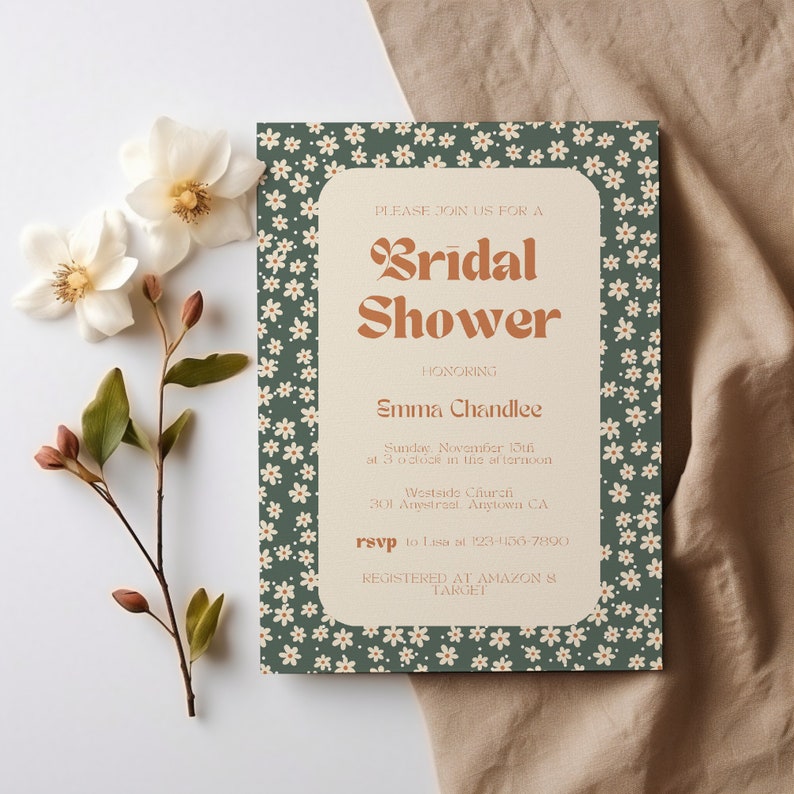 Vintage Green Daisy Bridal Shower Invitation Customizable Template Retro Flowers Bridal Shower Editable Template Whimsical Floral Invite image 1