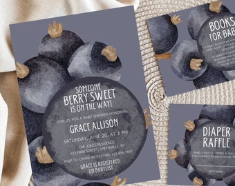 Someone Berry Sweet Is On the Way Baby Shower Invitation Customizable Template, Blueberry Baby Shower Invite, Simple Editable Template
