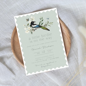 A Little Birdie Baby Shower Invitation Editable Template, Sage Green, Magpie Bird Theme, Gender Neutral Baby Shower Invite Simple Printable