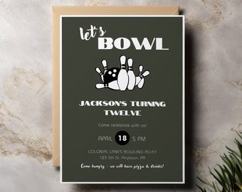 Let's Bowl Bowling Birthday Party Invitation Template, Simple Retro Any Age Child Teen Birthday Editable Printable Invite, Instant Download