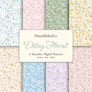 May include: A set of eight digital floral patterns featuring small, delicate flowers in various colours, including blue, pink, yellow, green, and purple. The patterns are seamless and can be used for a variety of projects, such as scrapbooking, card making, and fabric design. The text "PrintaBellesCo. Ditsy Floral 8 Seamless Digital Patterns JPG Files - 12x12 - 300 DPI" is displayed on a white background.