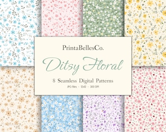 Pode incluir: Um conjunto de oito padrões florais digitais que apresentam pequenas flores delicadas em várias cores, incluindo azul, rosa, amarelo, verde e roxo. Os padrões são sem costuras e podem ser usados para uma variedade de projetos, como scrapbooking, criação de cartões e design de tecidos. O texto "PrintaBellesCo. Ditsy Floral 8 Seamless Digital Patterns JPG Files - 12x12 - 300 DPI" é exibido em um fundo branco.