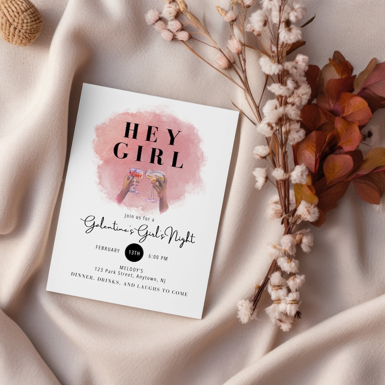 Hey Girl Girl's Night Galentine's Invitation Template, Fun Holiday Dinner & Drinks Invite, Girl's Night Valentine's Party Editable Printable image 2