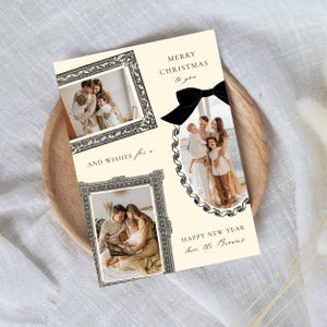 May include: Cream-colored Christmas card with family photos in ornate frames. The card features a black bow and the text "MERRY CHRISTMAS to you" and "HAPPY NEW YEAR". The bottom of the card reads "love, the Browns".