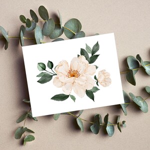 Cartão dobrável para impressão com peônia rosa, arte da natureza pintada, flor de verão simples e bonita, impressão em casa, download instantâneo