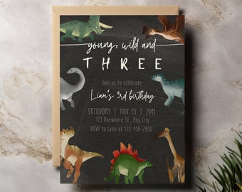 Young, Wild and THREE Dinosaur Birthday Party Invitation Template with Photo, Editable Printable Invite for Three Year Old Dino Theme Party