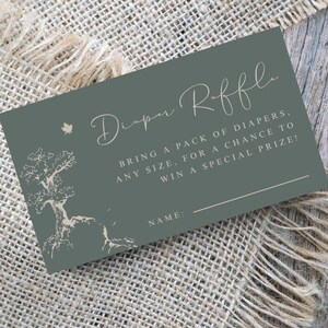 Woodland Animal Diaper Raffle Card Baby Shower Customizable Template, Diapers for Baby Sweet Vintage Woodsy Teal Green Editable Template