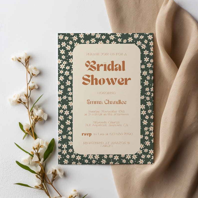 Vintage Green Daisy Bridal Shower Invitation Customizable Template Retro Flowers Bridal Shower Editable Template Whimsical Floral Invite image 3