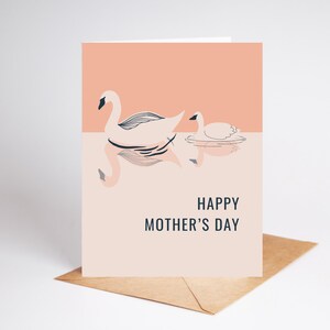 Carte de voeux imprimable Swan Happy Mother's Day, carte de fête des mères pliée sur le thème du bel oiseau printanier rose, téléchargement immédiat, impression à la maison
