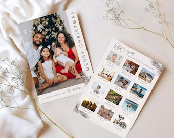 Puede incluir: Tarjeta de Navidad de doble cara con foto familiar y momentos destacados del año. La parte delantera presenta una foto familiar con el texto "MERRY CHRISTMAS" y "all our love and best wishes". La parte trasera muestra doce fotos pequeñas con leyendas.