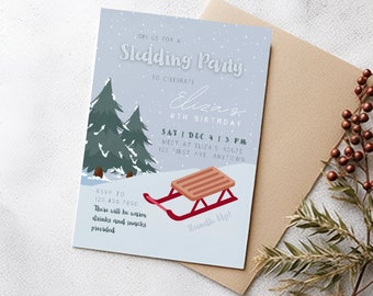 Sledding Birthday Party Invitation Template, Winter Snow Kids Birthday Editable Invite for Any Age Party, Printable Invite, Instant Download