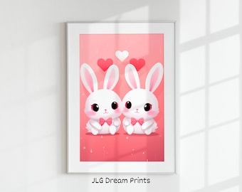 May include: Two white bunnies with pink bows are sitting side-by-side on a pink background with hearts and sparkles. The bunnies are looking at each other and have big, black eyes. The text "JLG Dream Prints" is at the bottom of the image.