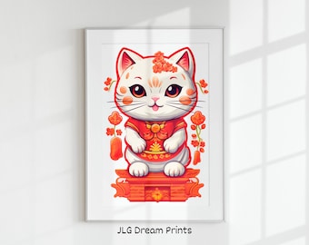 Maneki Neko Print: Lucky Cat Blessings, Kawaii Home Decor (Digital Download)
