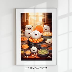 Téléchargement numérique imprimable Kawaii Dumplings Buns, cadeau d’affiche alimentaire DimSum, impression d’art mural, décoration intérieure
