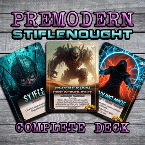 May include: A set of three Magic: The Gathering cards, featuring a blue and green card with the text "Stifle", a red and black card with the text "Phyrexian Dreadnought", and a blue and orange card with the text "Dodging Mage".