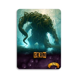 May include: A green, slimy monster with vines and roots, standing in a swampy area with lightning in the background. The monster is labeled "GERM" and has a 0/0 power and toughness rating.