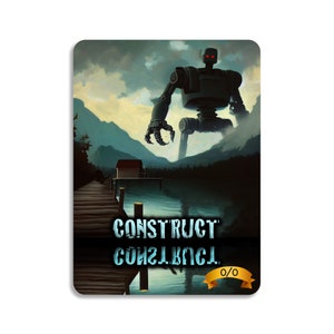 May include: A card game with a large, metallic robot standing in a lake. The card has the text "CONSTRUCT" and "CONSTRUIR" on it. The card also has a progress bar that reads "0/0".